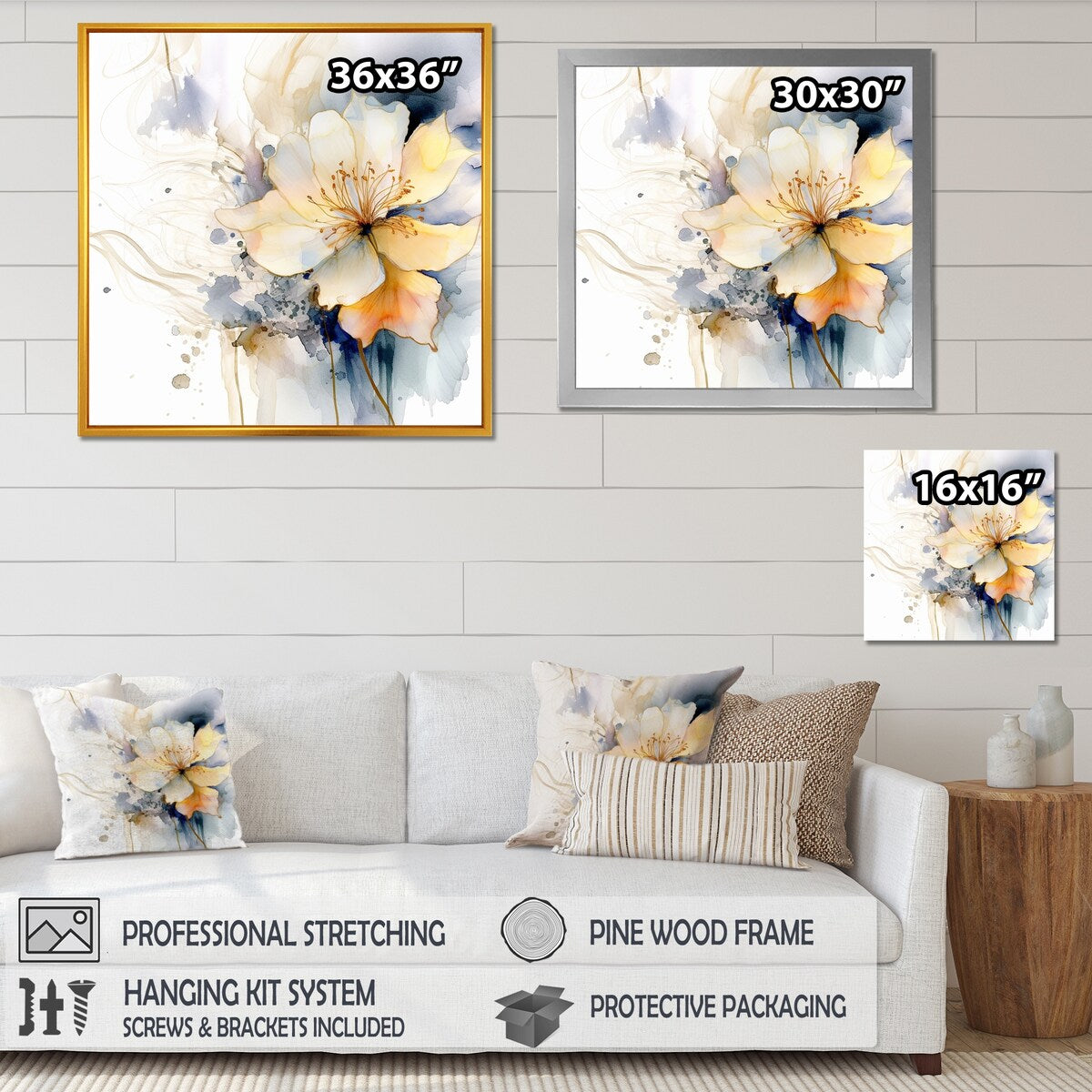 Designart "Blooms Blue And Beige Harmonious" Abstract Framed Canvas Art Print