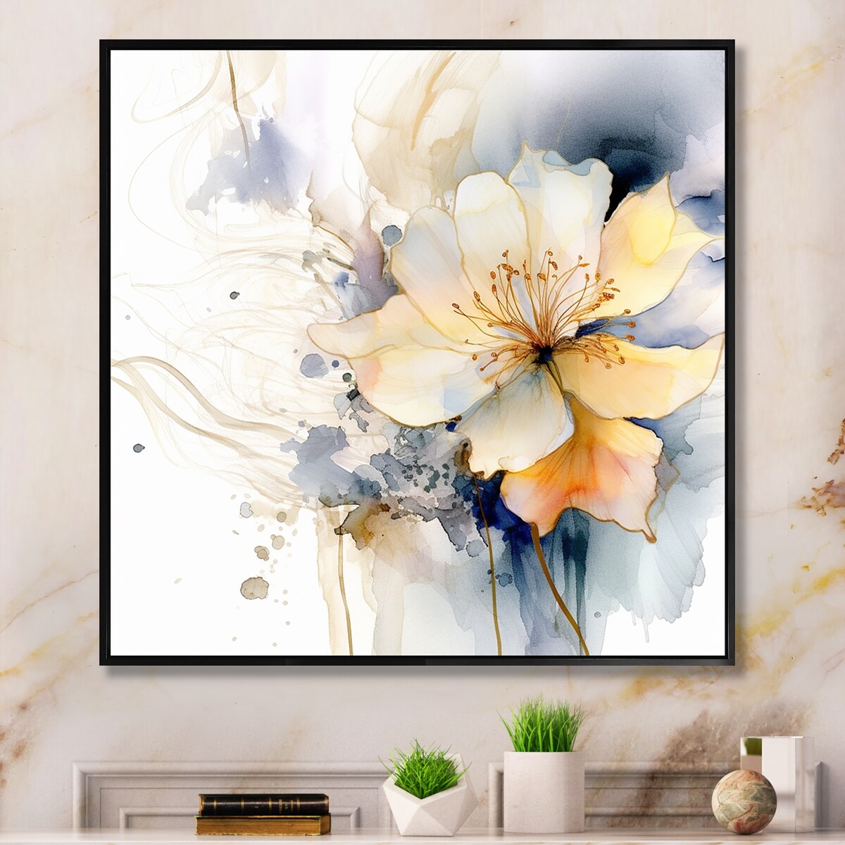 Designart "Blooms Blue And Beige Harmonious" Abstract Framed Canvas Art Print