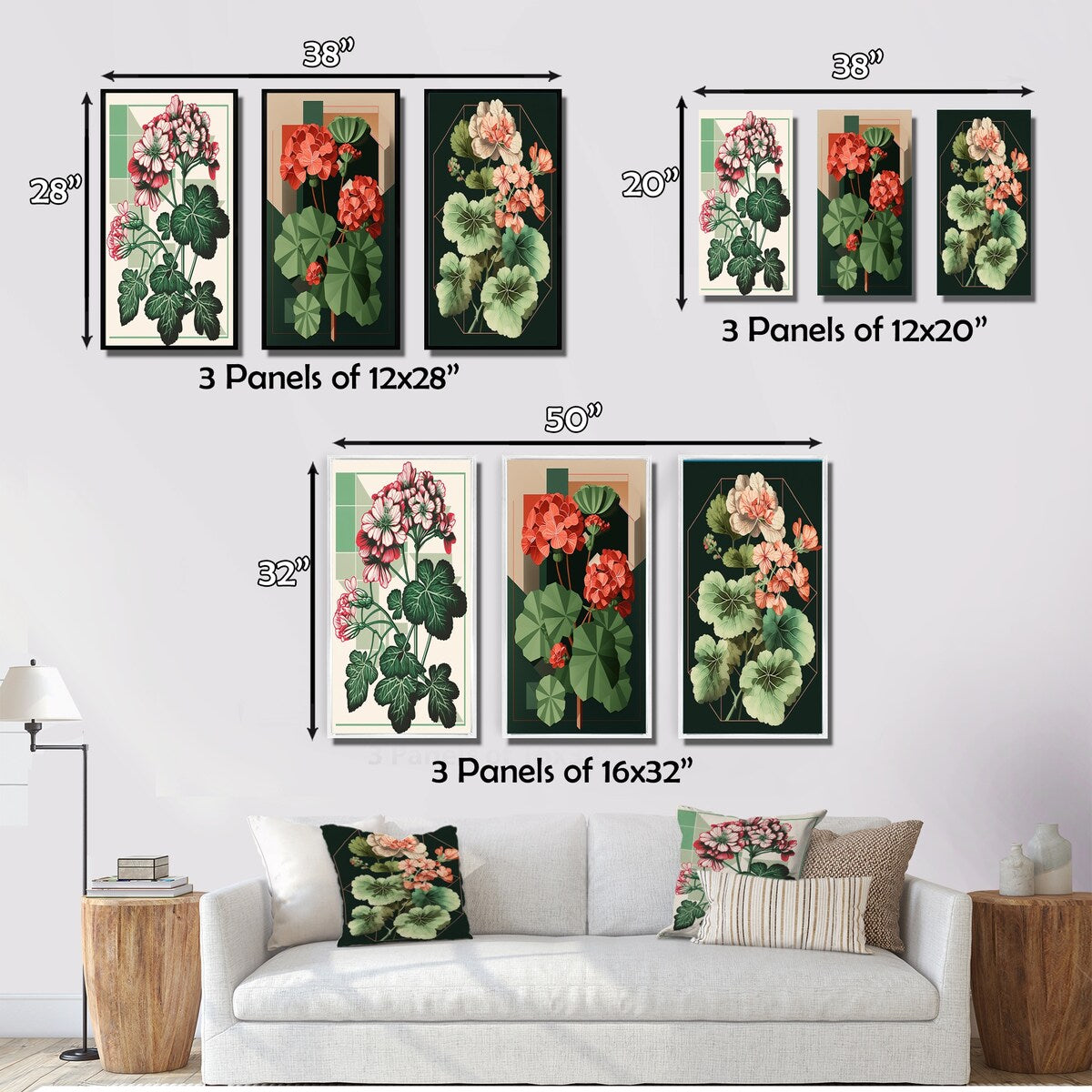 Designart "Blossoming Geranium In Retro Colors I" Floral Wall Art Set Of 3 Traditional Canvas Set For Living Room Decor