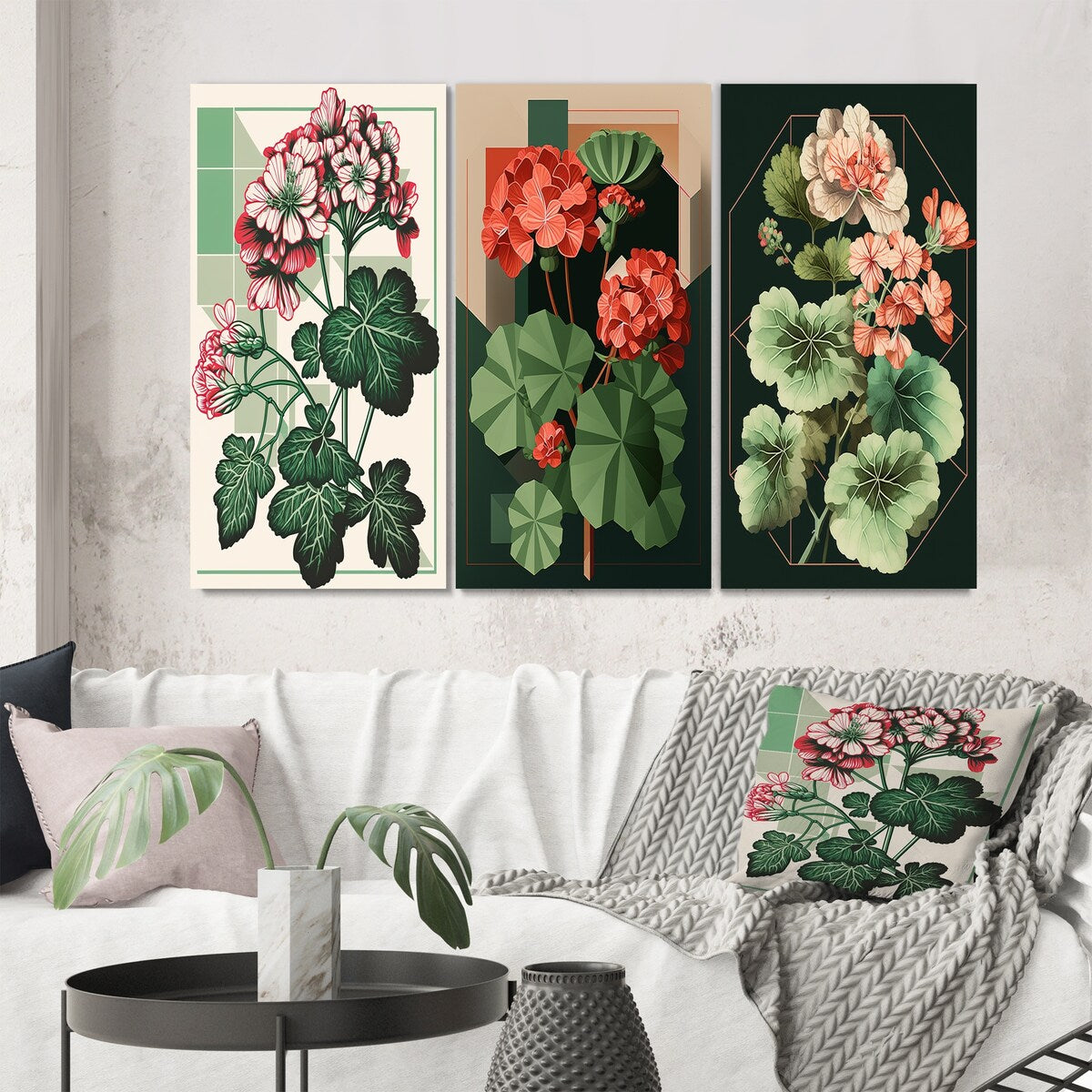Designart "Blossoming Geranium In Retro Colors I" Floral Wall Art Set Of 3 Traditional Canvas Set For Living Room Decor