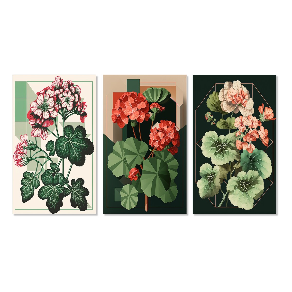 Designart "Blossoming Geranium In Retro Colors I" Floral Wall Art Set Of 3 Traditional Canvas Set For Living Room Decor