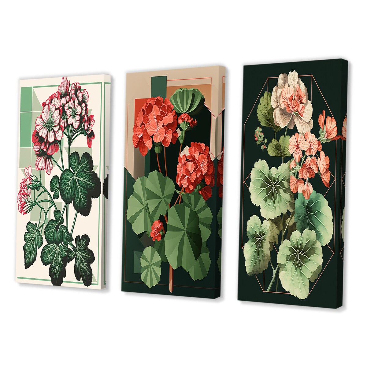 Designart "Blossoming Geranium In Retro Colors I" Floral Wall Art Set Of 3 Traditional Canvas Set For Living Room Decor