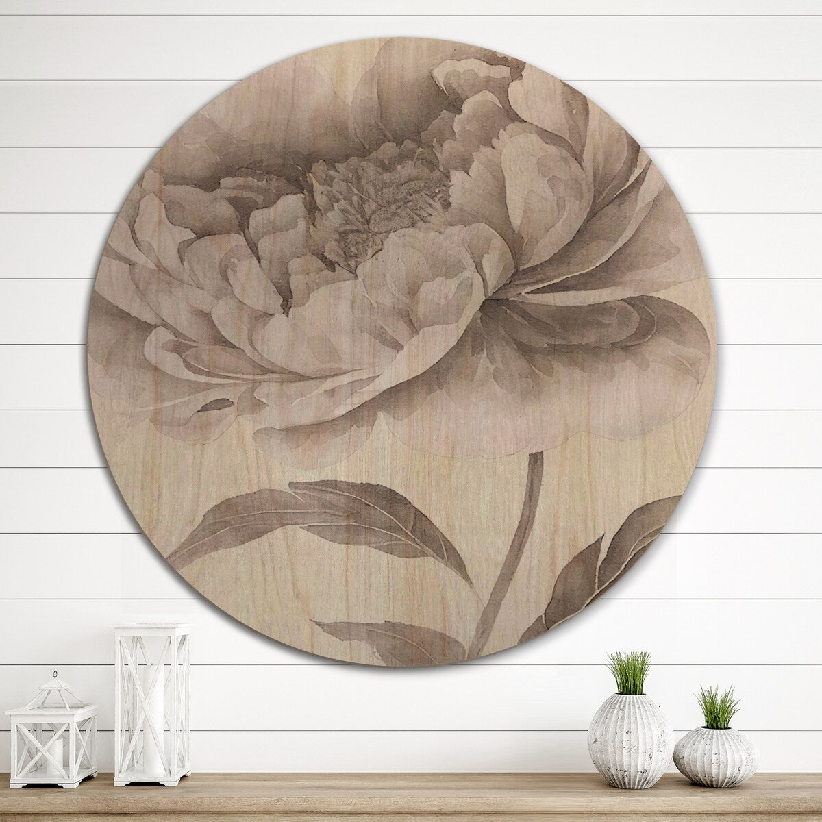 Designart "Blossoming Peony In Shades Of Gray II" Floral Peony Wood Wall Art - Natural Pine Wood