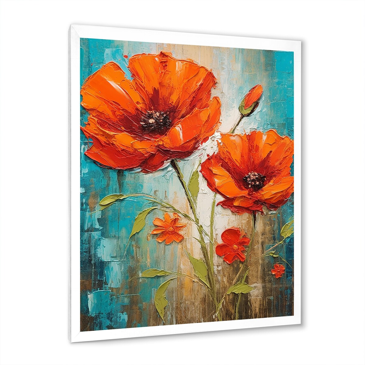 Designart "Blossoming Red Poppes On Teal Sky Painting" Poppies Framed Wall Art Prints
