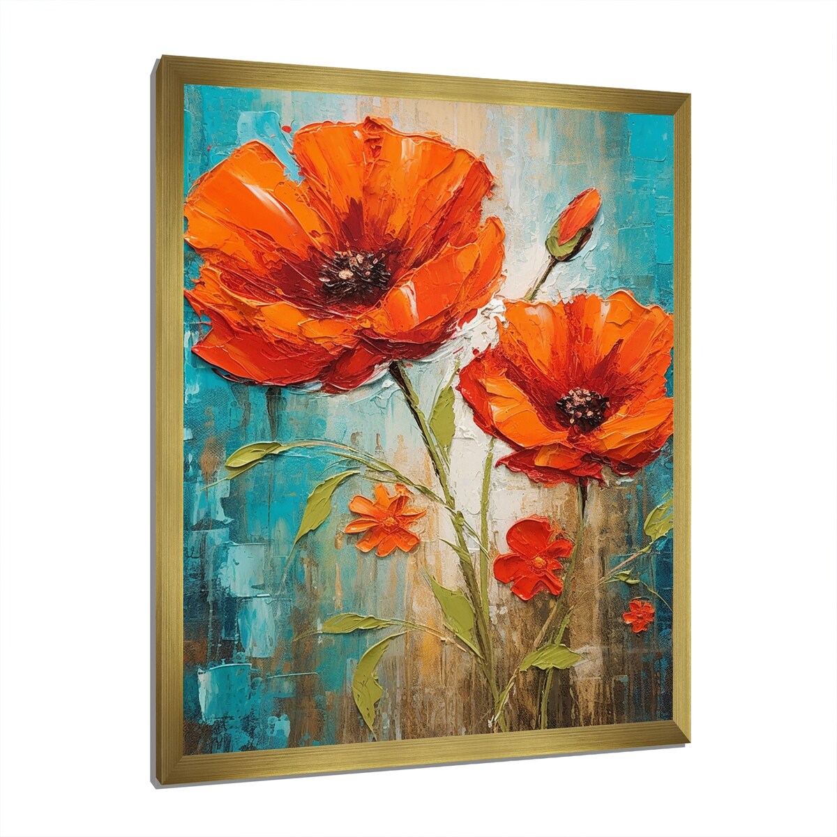 Designart "Blossoming Red Poppes On Teal Sky Painting" Poppies Framed Wall Art Prints
