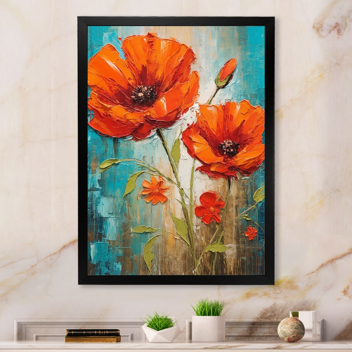 Designart "Blossoming Red Poppes On Teal Sky Painting" Poppies Framed Wall Art Prints