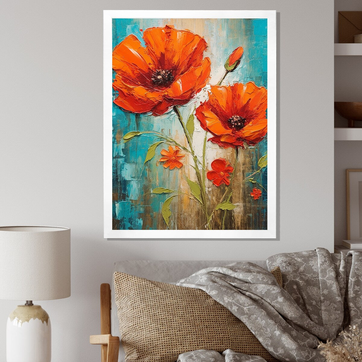 Designart "Blossoming Red Poppes On Teal Sky Painting" Poppies Framed Wall Art Prints