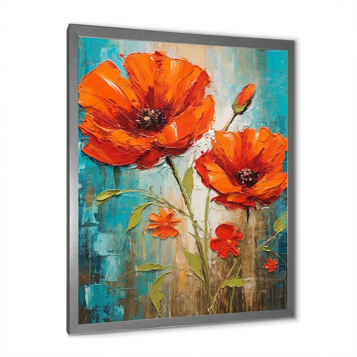 Designart "Blossoming Red Poppes On Teal Sky Painting" Poppies Framed Wall Art Prints