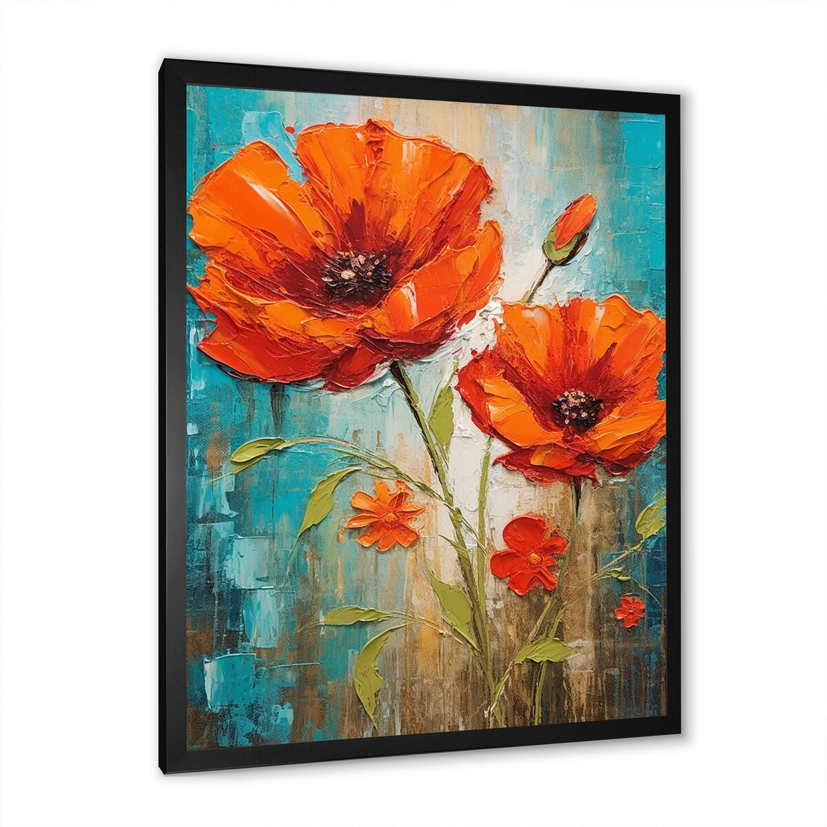 Designart "Blossoming Red Poppes On Teal Sky Painting" Poppies Framed Wall Art Prints