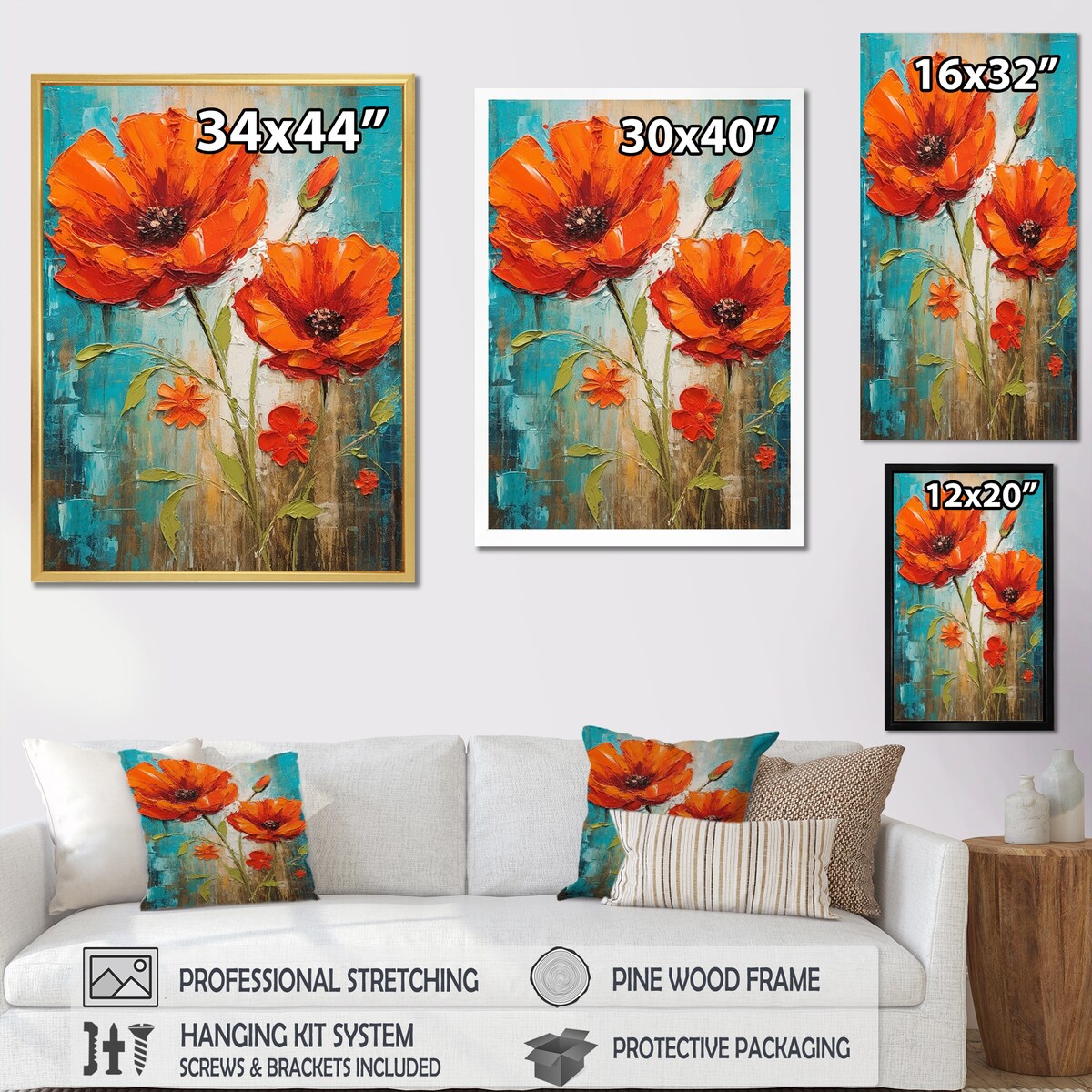 Designart "Blossoming Red Poppes On Teal Sky Painting" Poppies Framed Wall Art Prints