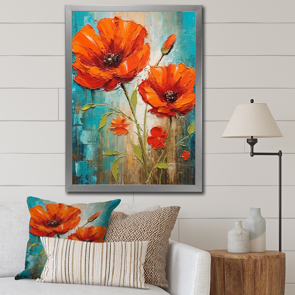 Designart "Blossoming Red Poppes On Teal Sky Painting" Poppies Framed Wall Art Prints