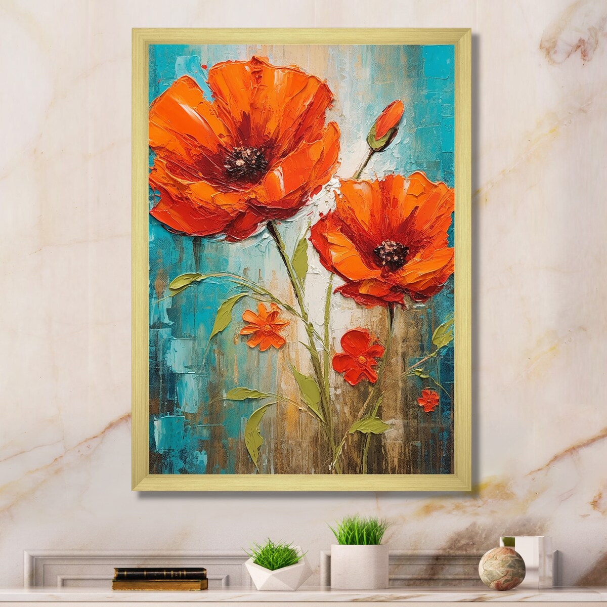 Designart "Blossoming Red Poppes On Teal Sky Painting" Poppies Framed Wall Art Prints
