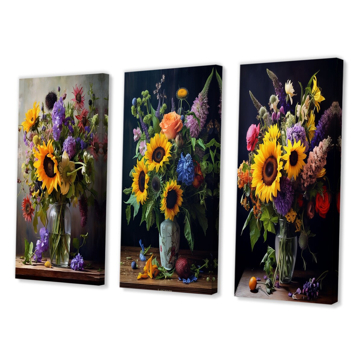 Designart "Blossoming Sunflower Bouquet With Wildflowers II" Sunflower Wall Art Set Of 3 Gallery Wall Set For Home Decor