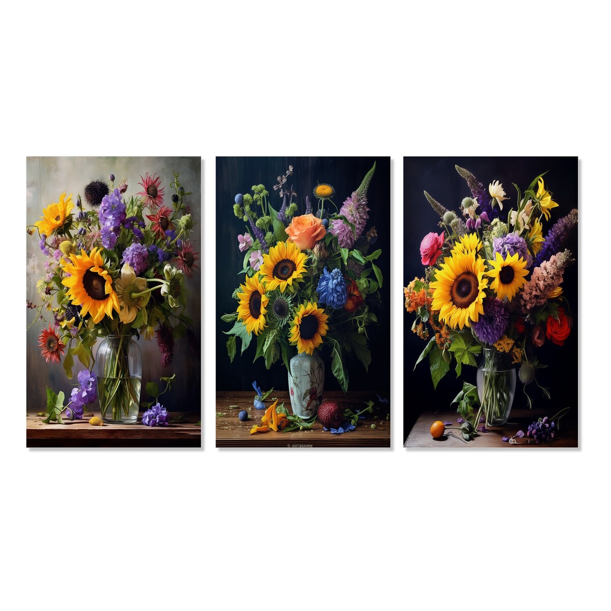 Designart "Blossoming Sunflower Bouquet With Wildflowers II" Sunflower Wall Art Set Of 3 Gallery Wall Set For Home Decor