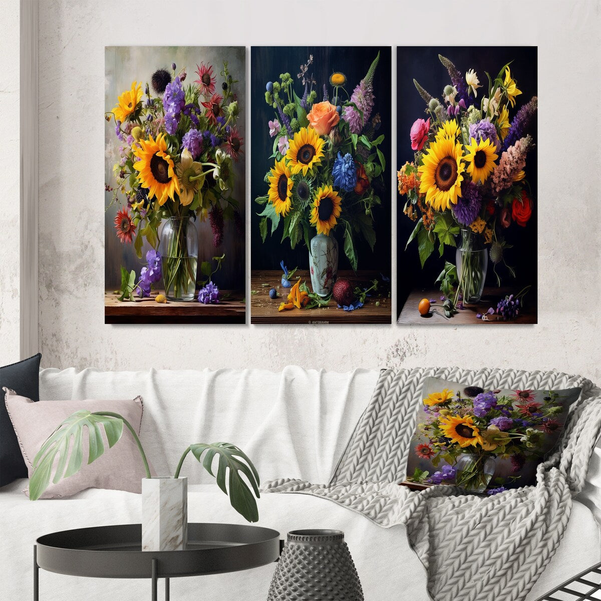 Designart "Blossoming Sunflower Bouquet With Wildflowers II" Sunflower Wall Art Set Of 3 Gallery Wall Set For Home Decor