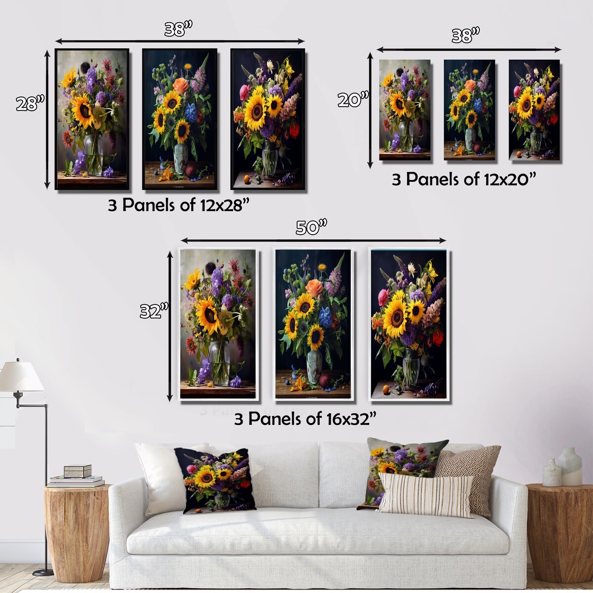 Designart "Blossoming Sunflower Bouquet With Wildflowers II" Sunflower Wall Art Set Of 3 Gallery Wall Set For Home Decor