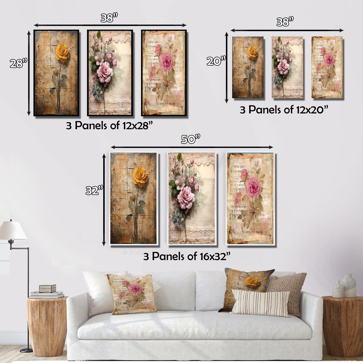 Designart "Blossoming Yellow Rustic Vintage Illustration Art" Rose Wall Art Set Of 3 - Canvas Set For Living Room Decor