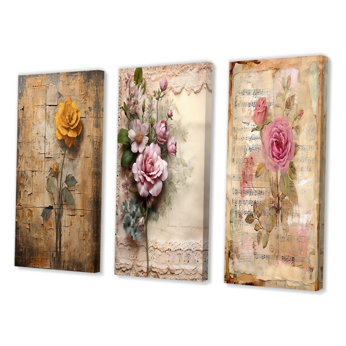 Designart "Blossoming Yellow Rustic Vintage Illustration Art" Rose Wall Art Set Of 3 - Canvas Set For Living Room Decor