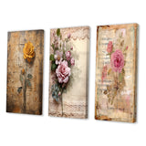Designart "Blossoming Yellow Rustic Vintage Illustration Art" Rose Wall Art Set Of 3 - Canvas Set For Living Room Decor