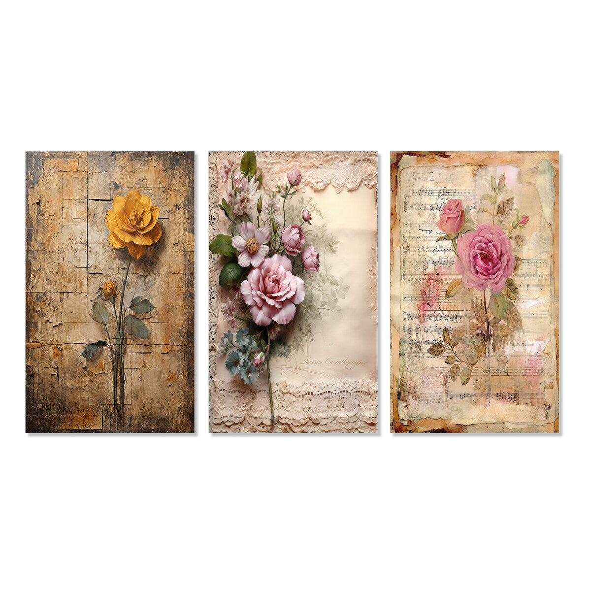 Designart "Blossoming Yellow Rustic Vintage Illustration Art" Rose Wall Art Set Of 3 - Canvas Set For Living Room Decor