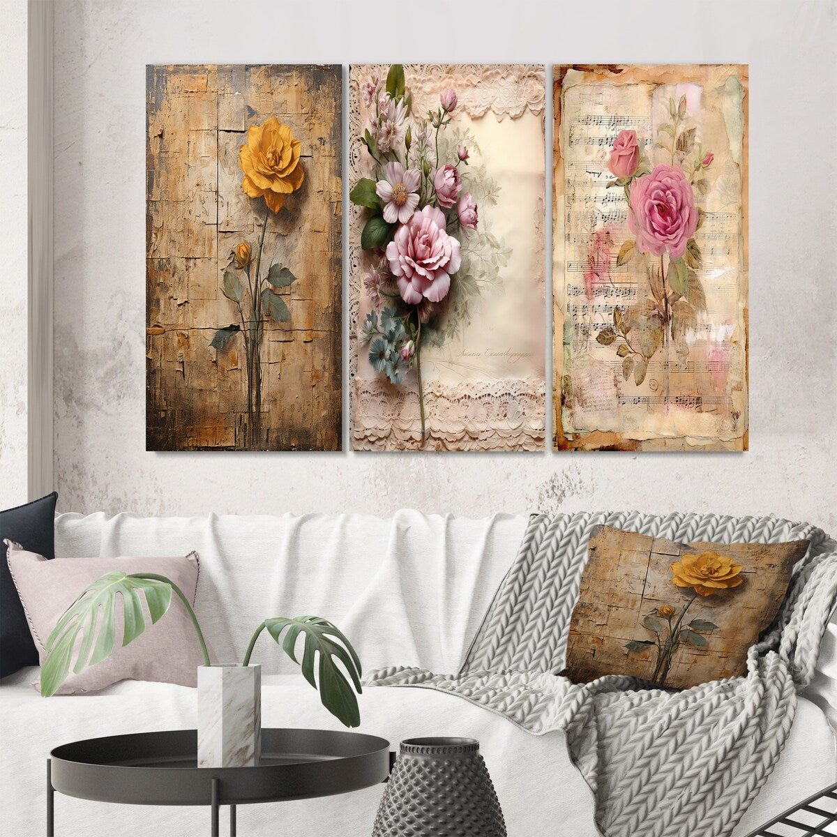 Designart "Blossoming Yellow Rustic Vintage Illustration Art" Rose Wall Art Set Of 3 - Canvas Set For Living Room Decor