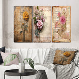 Designart "Blossoming Yellow Rustic Vintage Illustration Art" Rose Wall Art Set Of 3 - Canvas Set For Living Room Decor