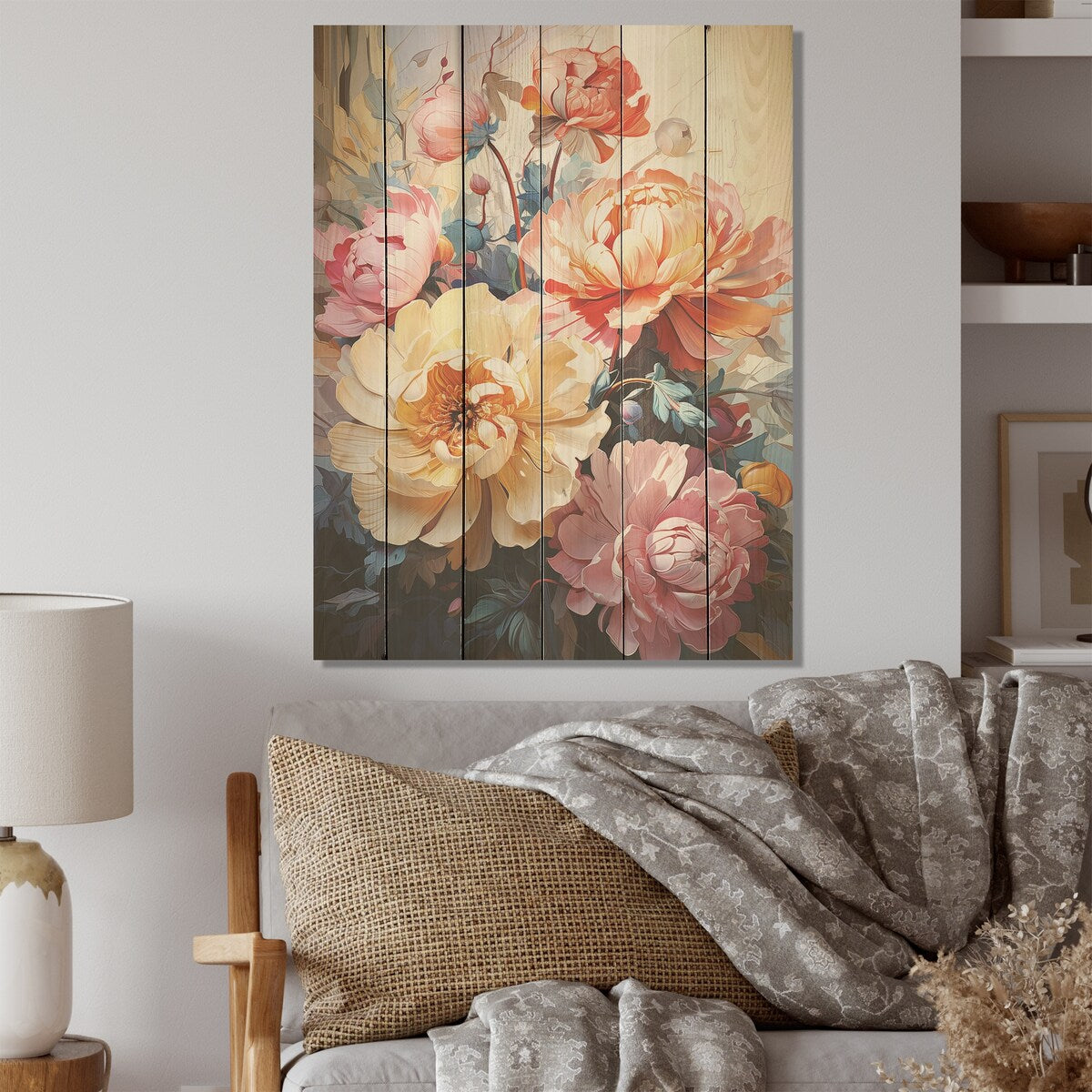 Designart "Blossoms Of Serenity Peonies I" Peonies Wood Wall Decor - Traditional Wood Panel On Natural Pine Wood