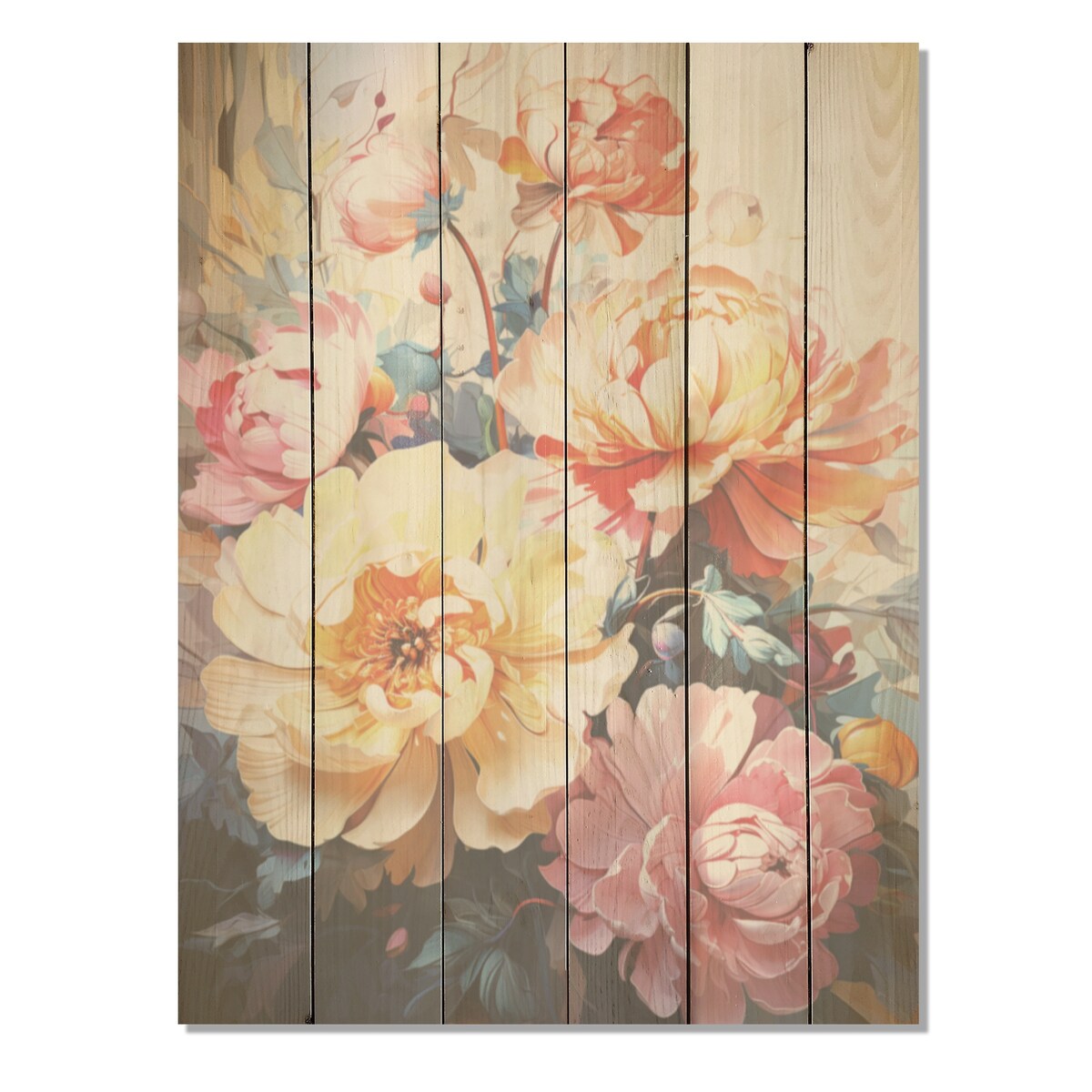 Designart "Blossoms Of Serenity Peonies I" Peonies Wood Wall Decor - Traditional Wood Panel On Natural Pine Wood
