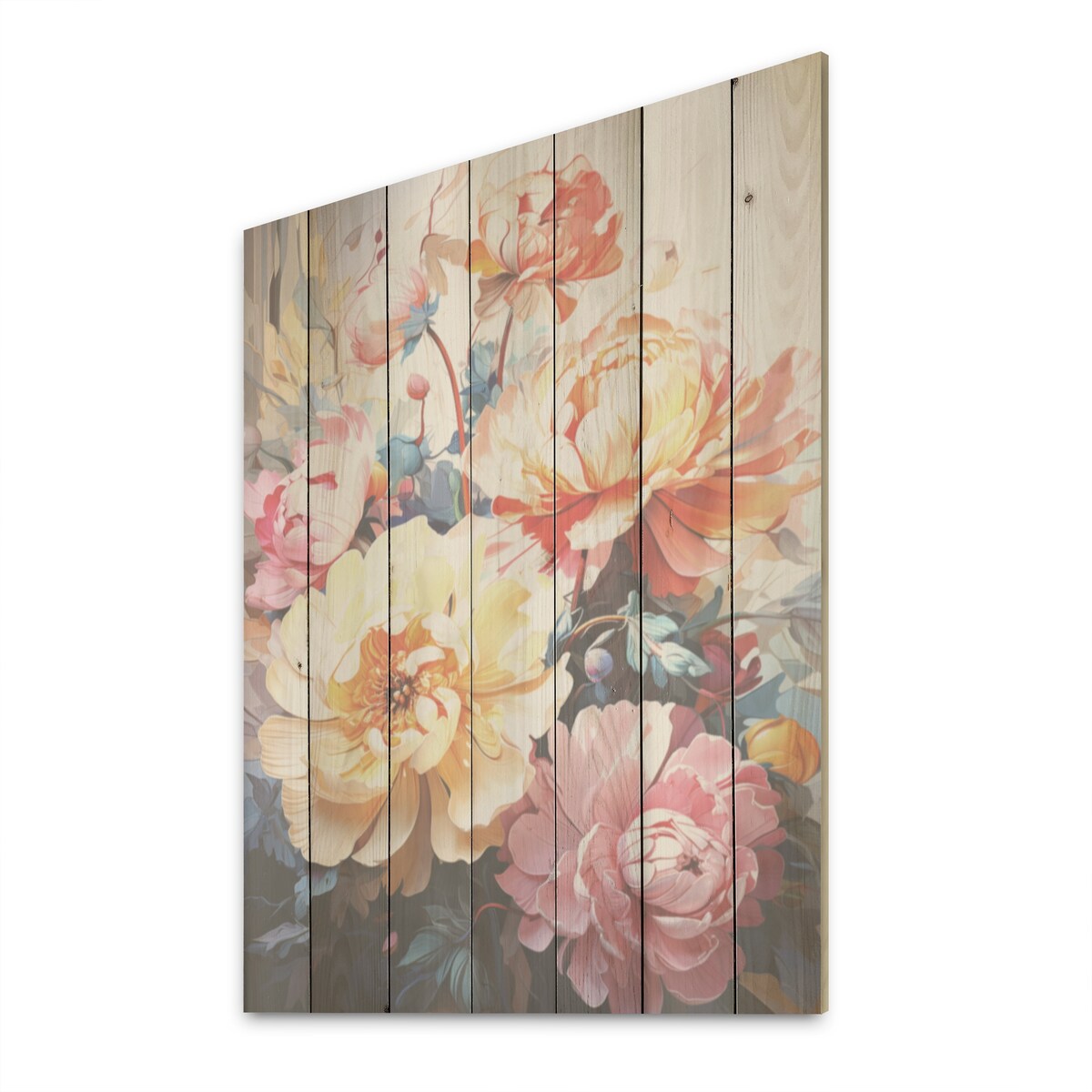 Designart "Blossoms Of Serenity Peonies I" Peonies Wood Wall Decor - Traditional Wood Panel On Natural Pine Wood