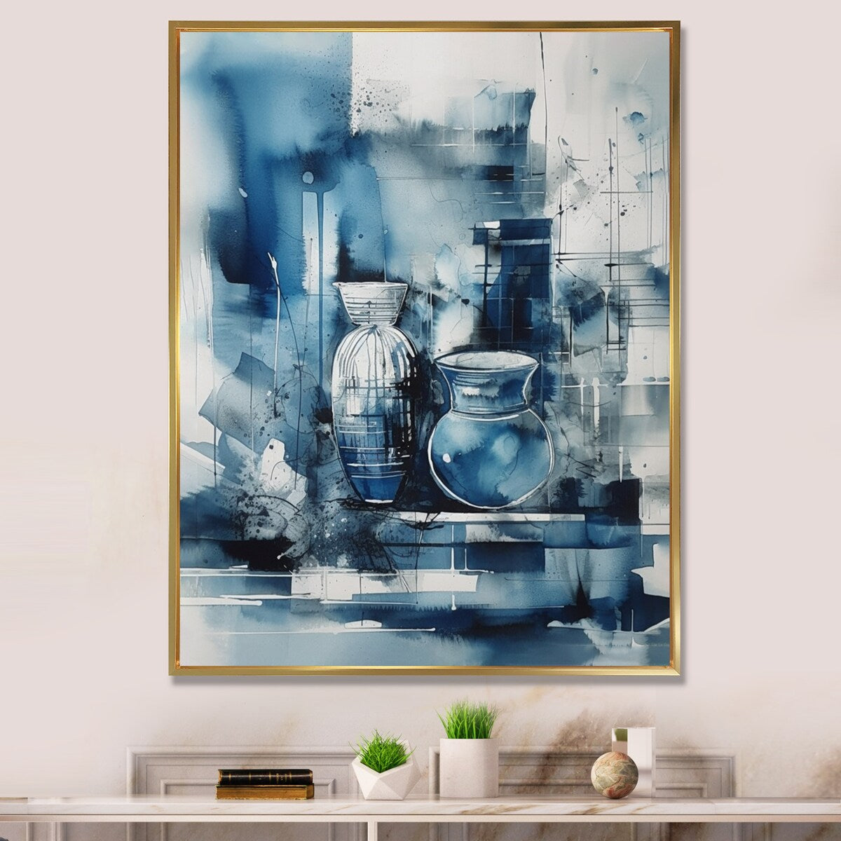 Designart "Blue And Cream Whimsical Clay Vase I" Boho Pottery Framed Canvas Art Print