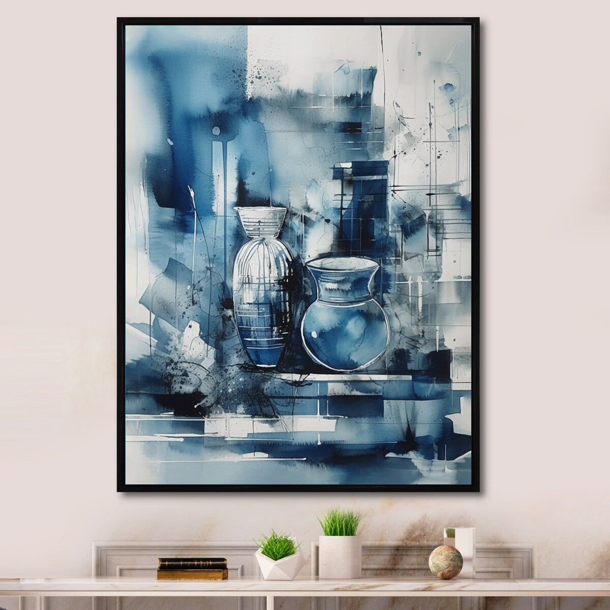 Designart "Blue And Cream Whimsical Clay Vase I" Boho Pottery Framed Canvas Art Print