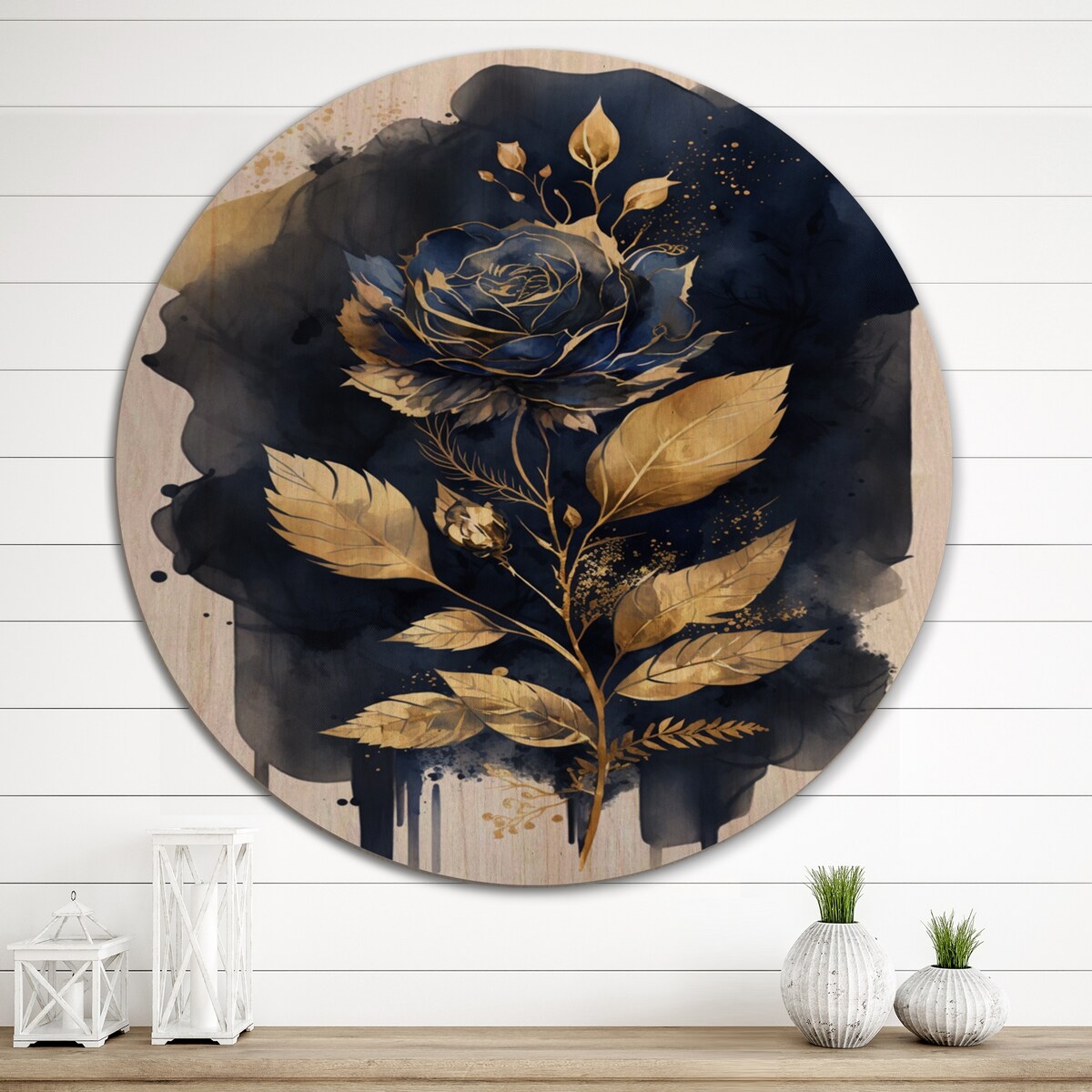 Designart "Blue And Gold Painted Rose On White III" Floral Rose Wood Wall Art - Natural Pine Wood
