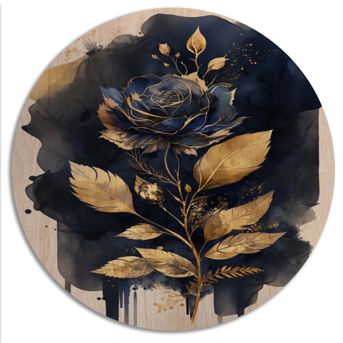 Designart "Blue And Gold Painted Rose On White III" Floral Rose Wood Wall Art - Natural Pine Wood