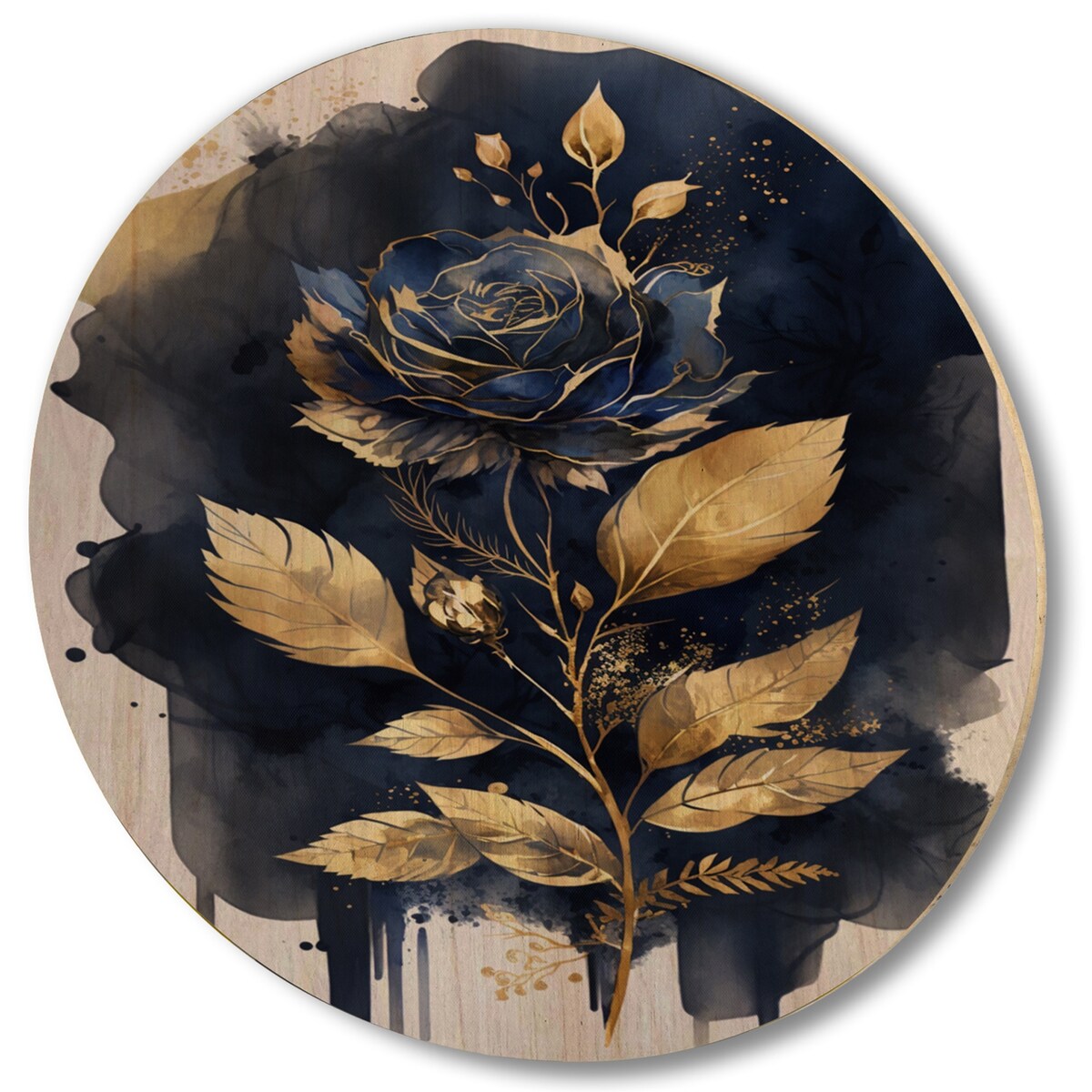 Designart "Blue And Gold Painted Rose On White III" Floral Rose Wood Wall Art - Natural Pine Wood