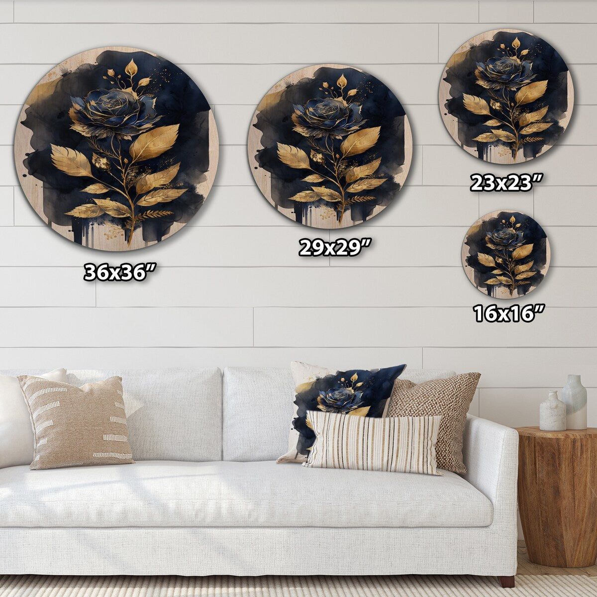 Designart "Blue And Gold Painted Rose On White III" Floral Rose Wood Wall Art - Natural Pine Wood