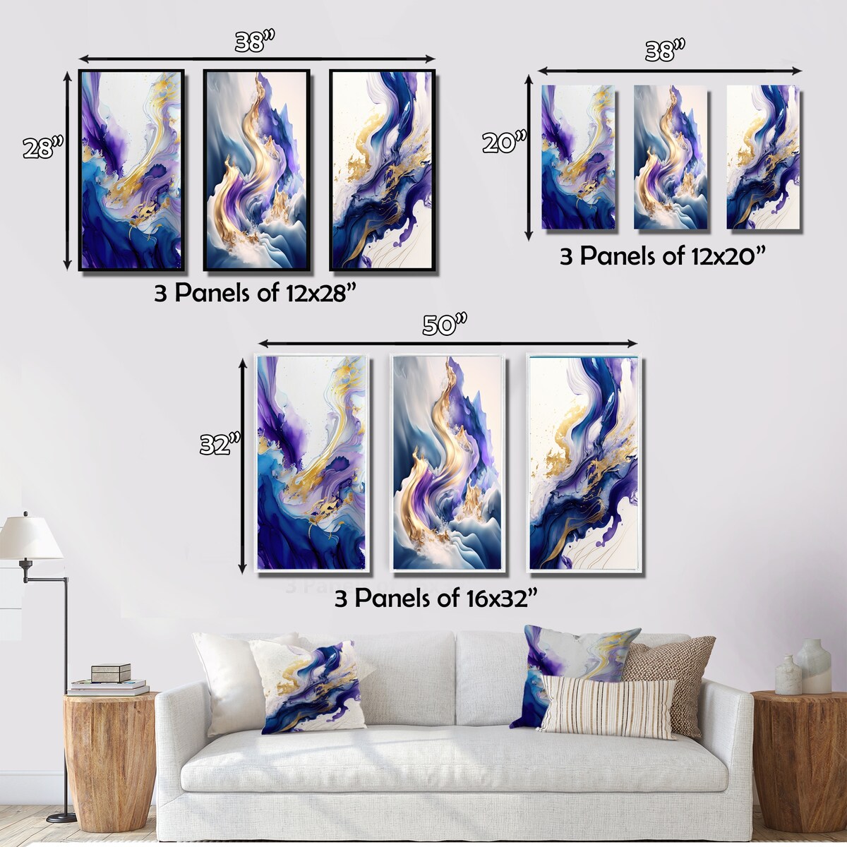Designart "Blue And Gold Splash Paint II" Abstract Wall Art Set Of 3 - Modern Gallery Wall Set For Home Decor