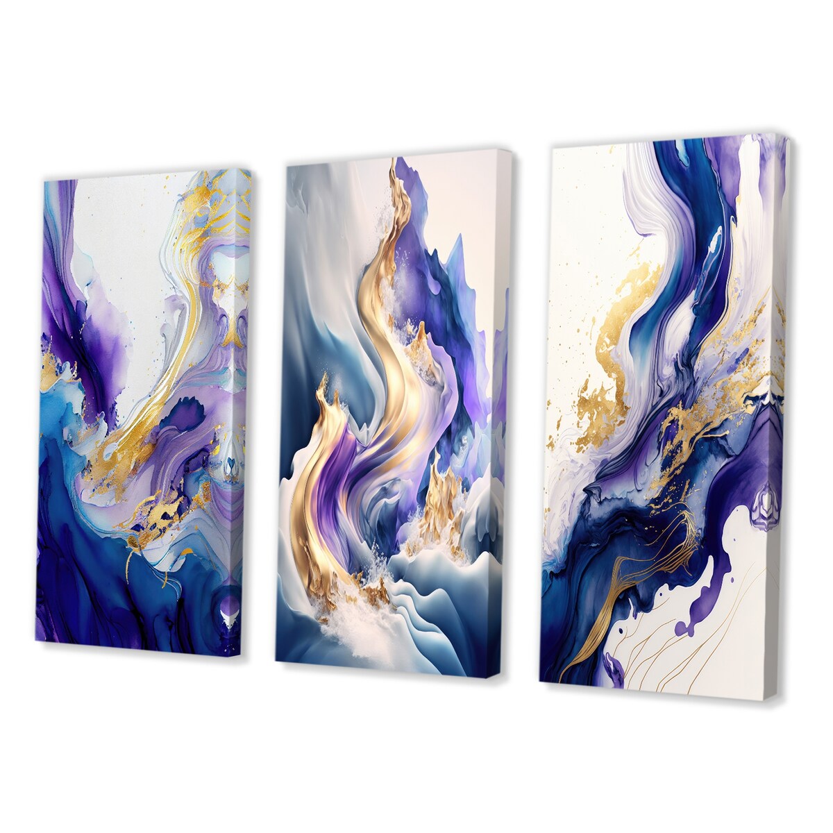 Designart "Blue And Gold Splash Paint II" Abstract Wall Art Set Of 3 - Modern Gallery Wall Set For Home Decor