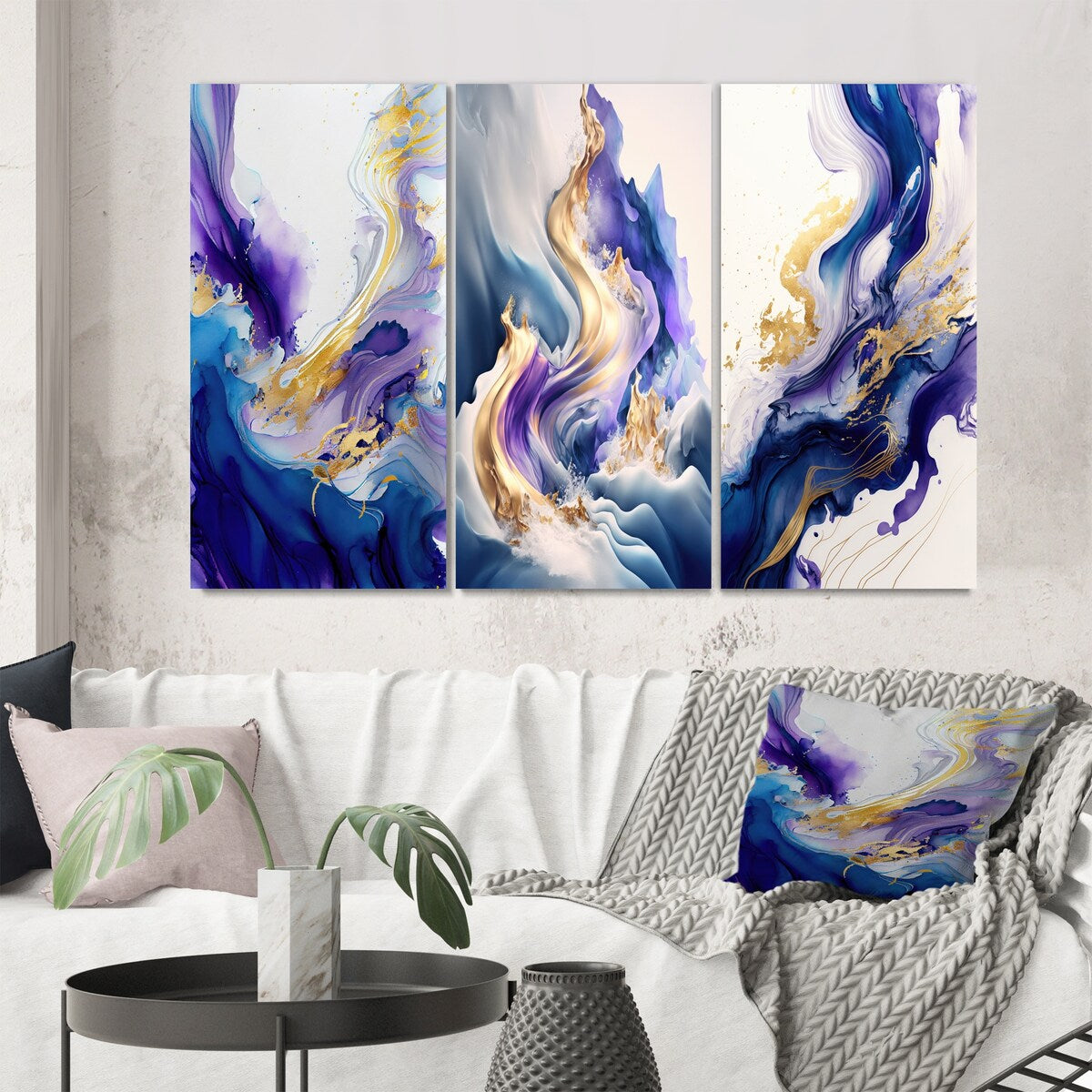 Designart "Blue And Gold Splash Paint II" Abstract Wall Art Set Of 3 - Modern Gallery Wall Set For Home Decor