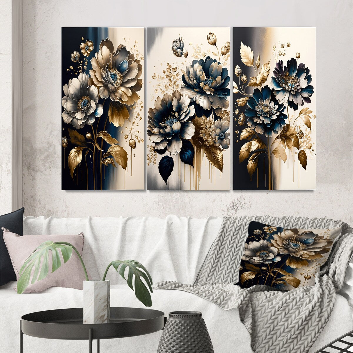 Designart "Blue And Gold Zinnia Flowers I" Floral & Botanical Blue - Gallery Wall Set Of 3 For Home Decor