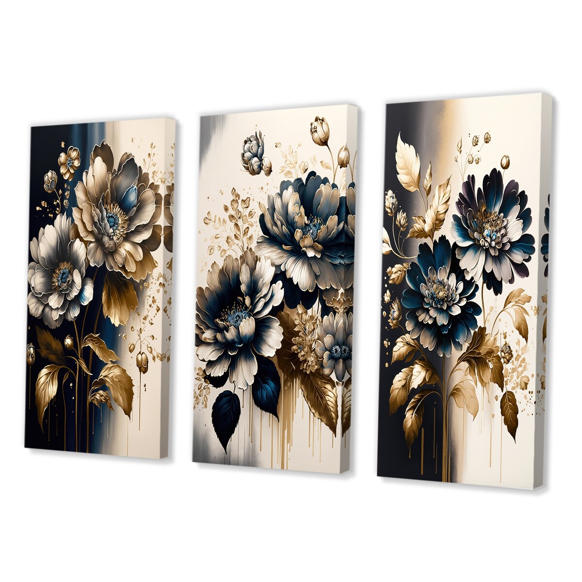 Designart "Blue And Gold Zinnia Flowers I" Floral & Botanical Blue - Gallery Wall Set Of 3 For Home Decor