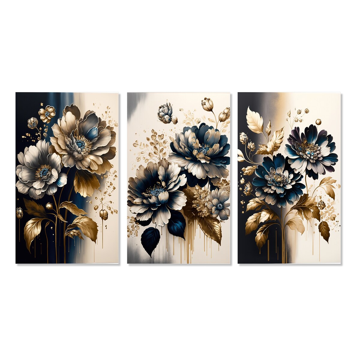 Designart "Blue And Gold Zinnia Flowers I" Floral & Botanical Blue - Gallery Wall Set Of 3 For Home Decor