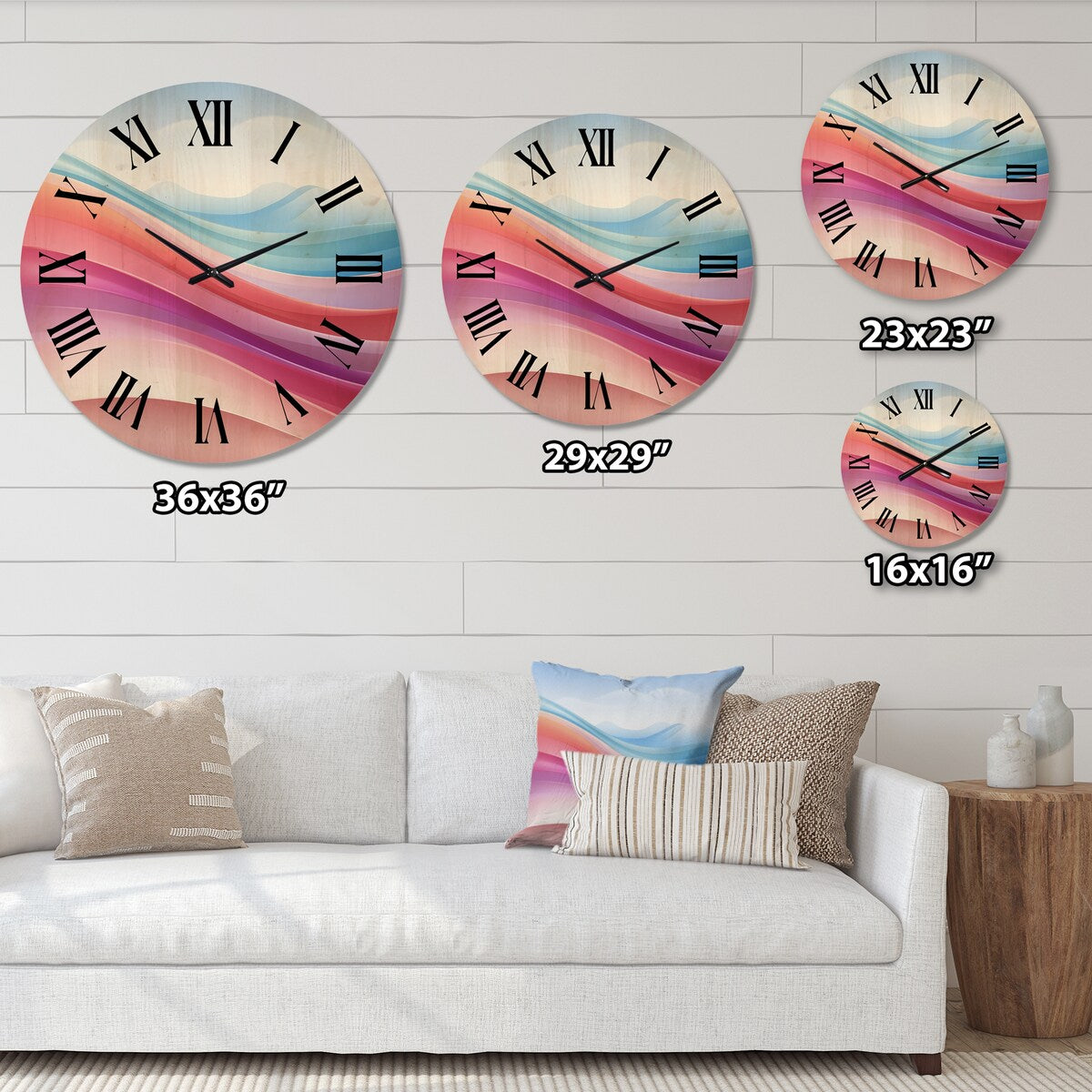 Designart "Blue And Light Pink Abstract Waves" Abstract Shapes Oversized Wood Wall Clock