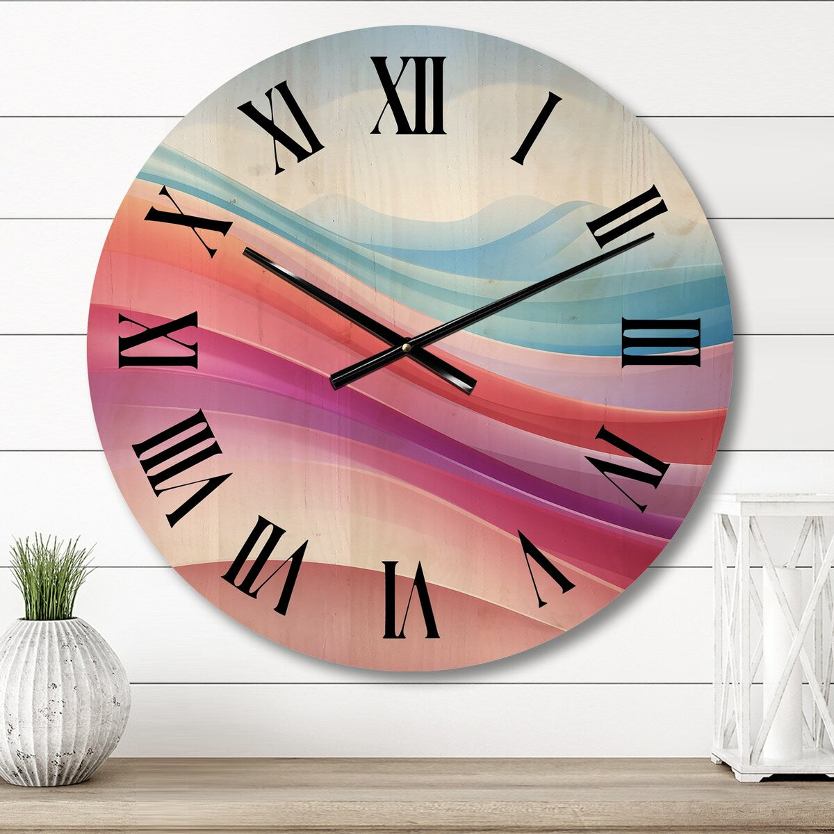 Designart "Blue And Light Pink Abstract Waves" Abstract Shapes Oversized Wood Wall Clock