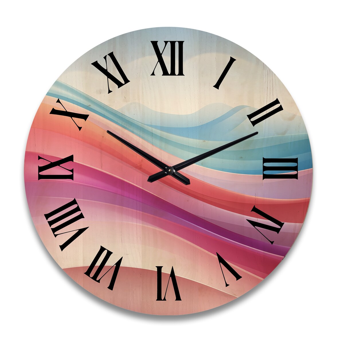 Designart "Blue And Light Pink Abstract Waves" Abstract Shapes Oversized Wood Wall Clock
