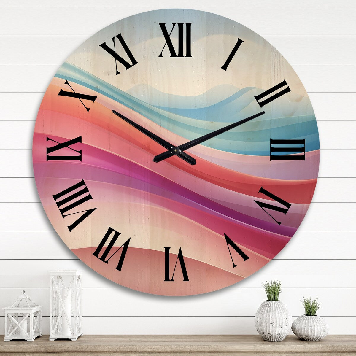 Designart "Blue And Light Pink Abstract Waves" Abstract Shapes Oversized Wood Wall Clock