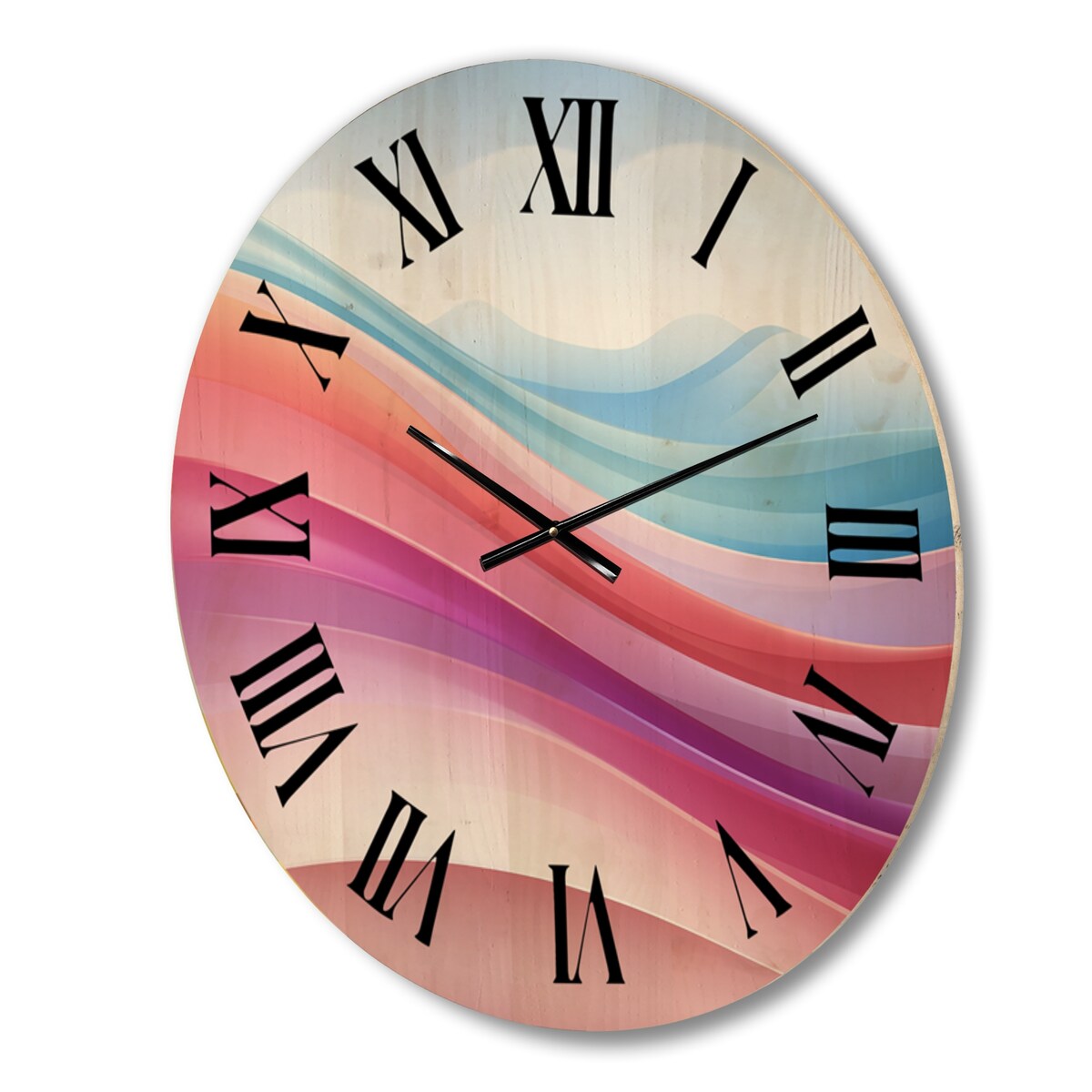 Designart "Blue And Light Pink Abstract Waves" Abstract Shapes Oversized Wood Wall Clock