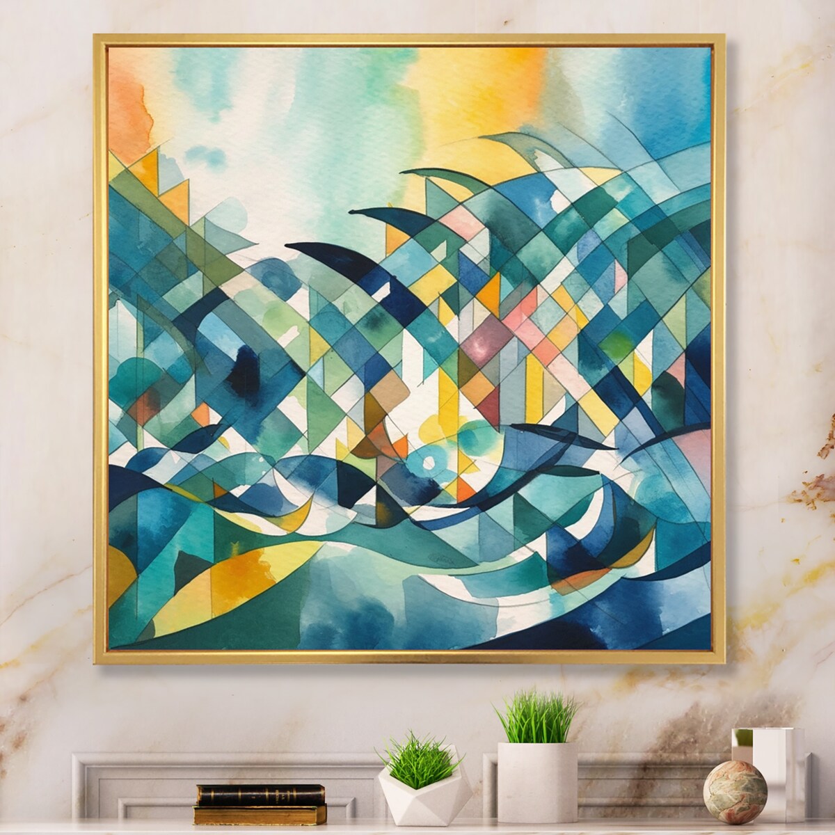Designart "Blue And Orange Language Of Lines I" Modern Geometric Framed Canvas Print