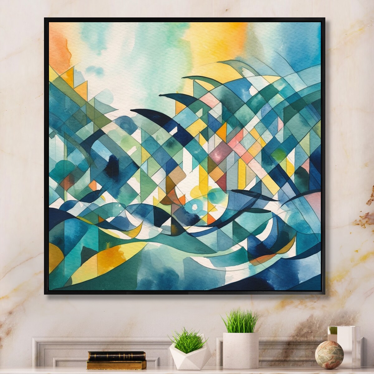 Designart "Blue And Orange Language Of Lines I" Modern Geometric Framed Canvas Print
