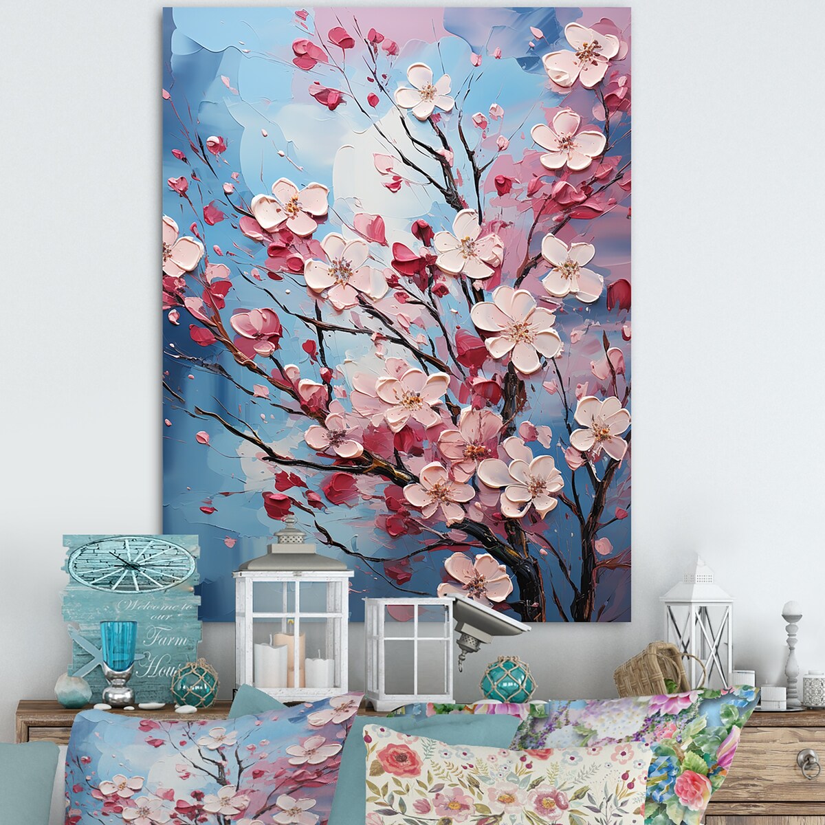 Designart "Blue And Pink Dogwood Blossoms I" Dogwood Wall Art