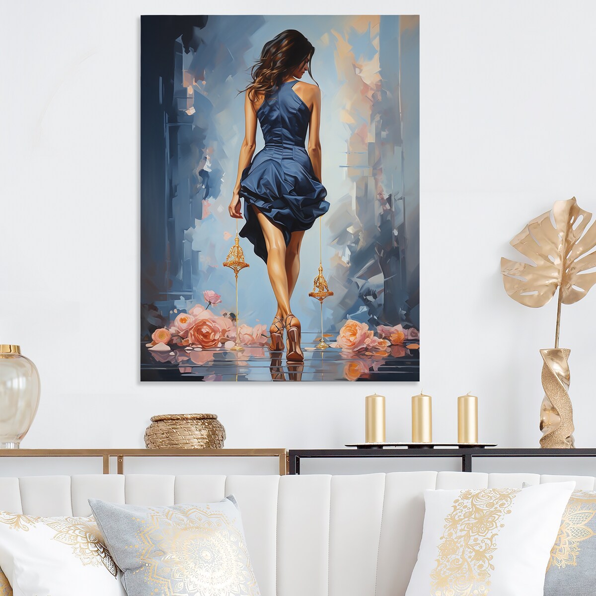 Designart "Blue And Pink Glamorous Gait Painting Of Woman'S Heels I" Fashion Woman Blue Metal Art Modern Metal Art Work